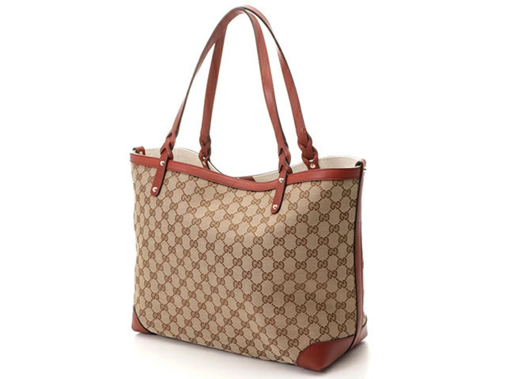 Gucci Beige GG Shoulder Canvas Cream Calfskin Brown Tote Cream Brown